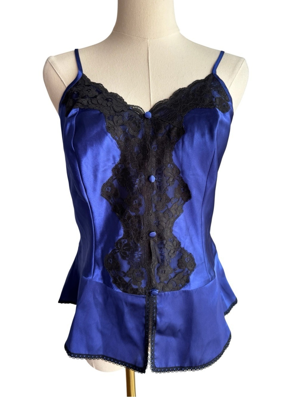 Cobalt Blue Satin Lace Cami Top Peplum Lingerie 90s Y2K Pinup Tank Boudoir Small